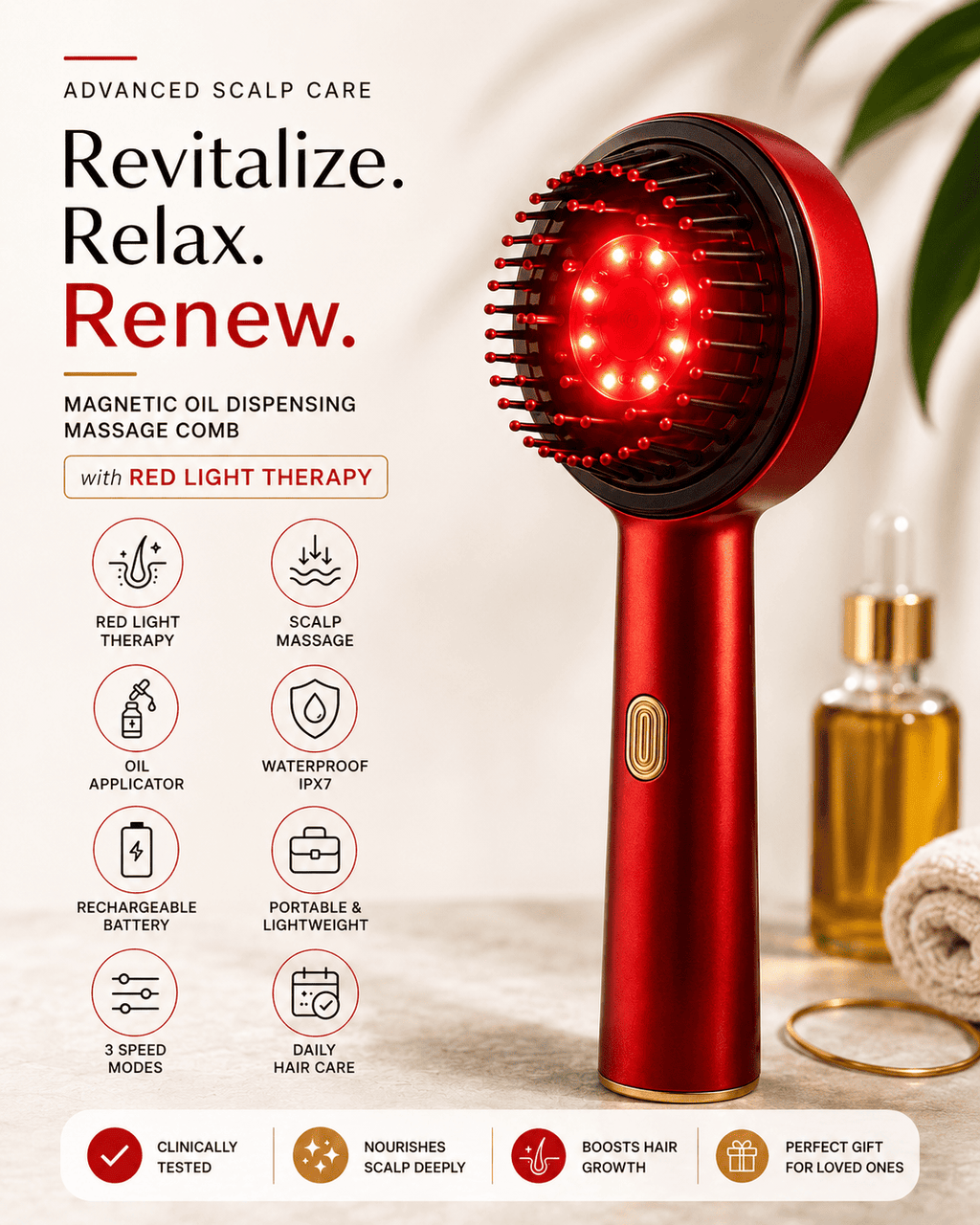 Electric Scalp Massager for Hair Growth | Red Light Therapy & Oil Infusion Comb