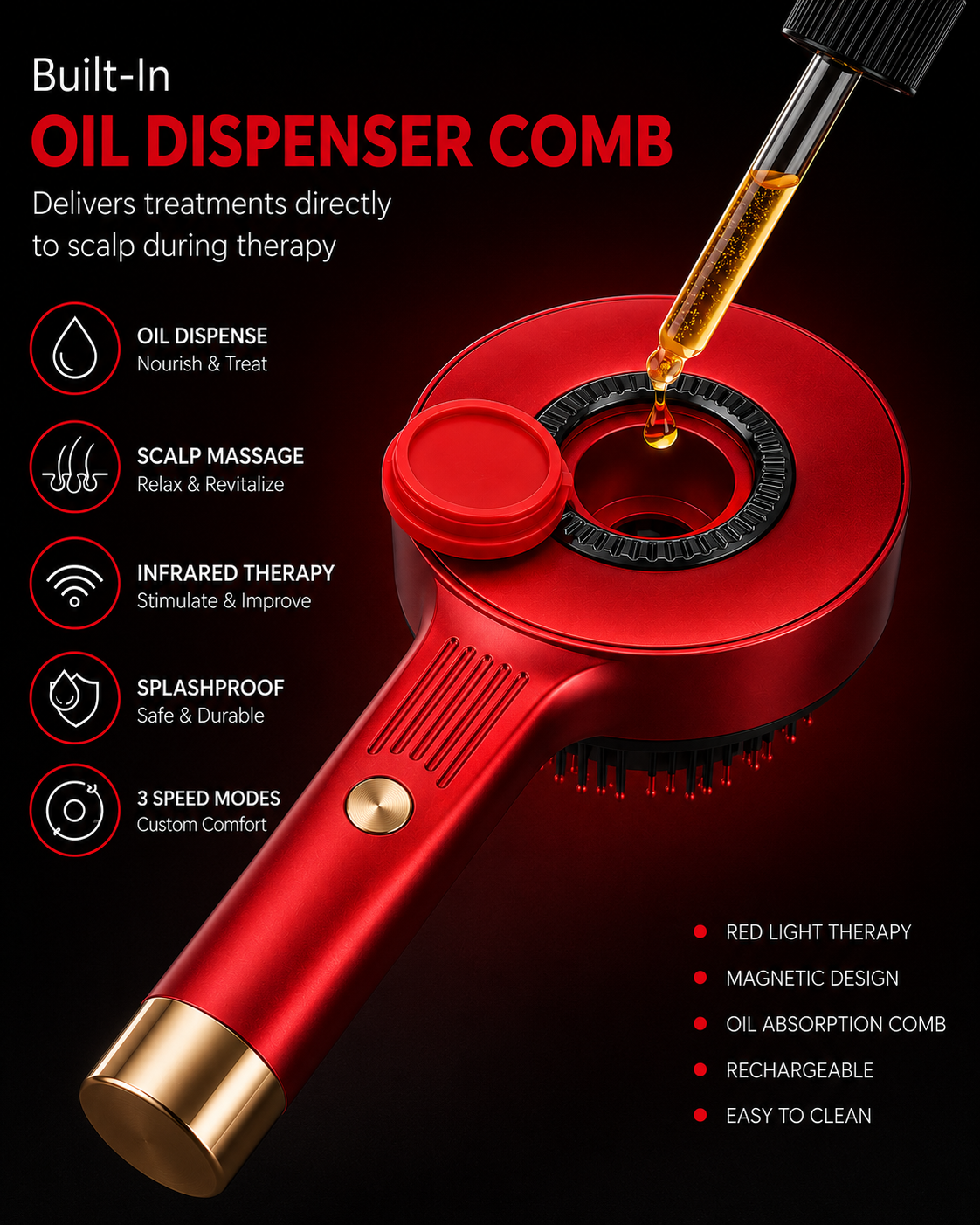 Electric Scalp Massager for Hair Growth | Red Light Therapy & Oil Infusion Comb